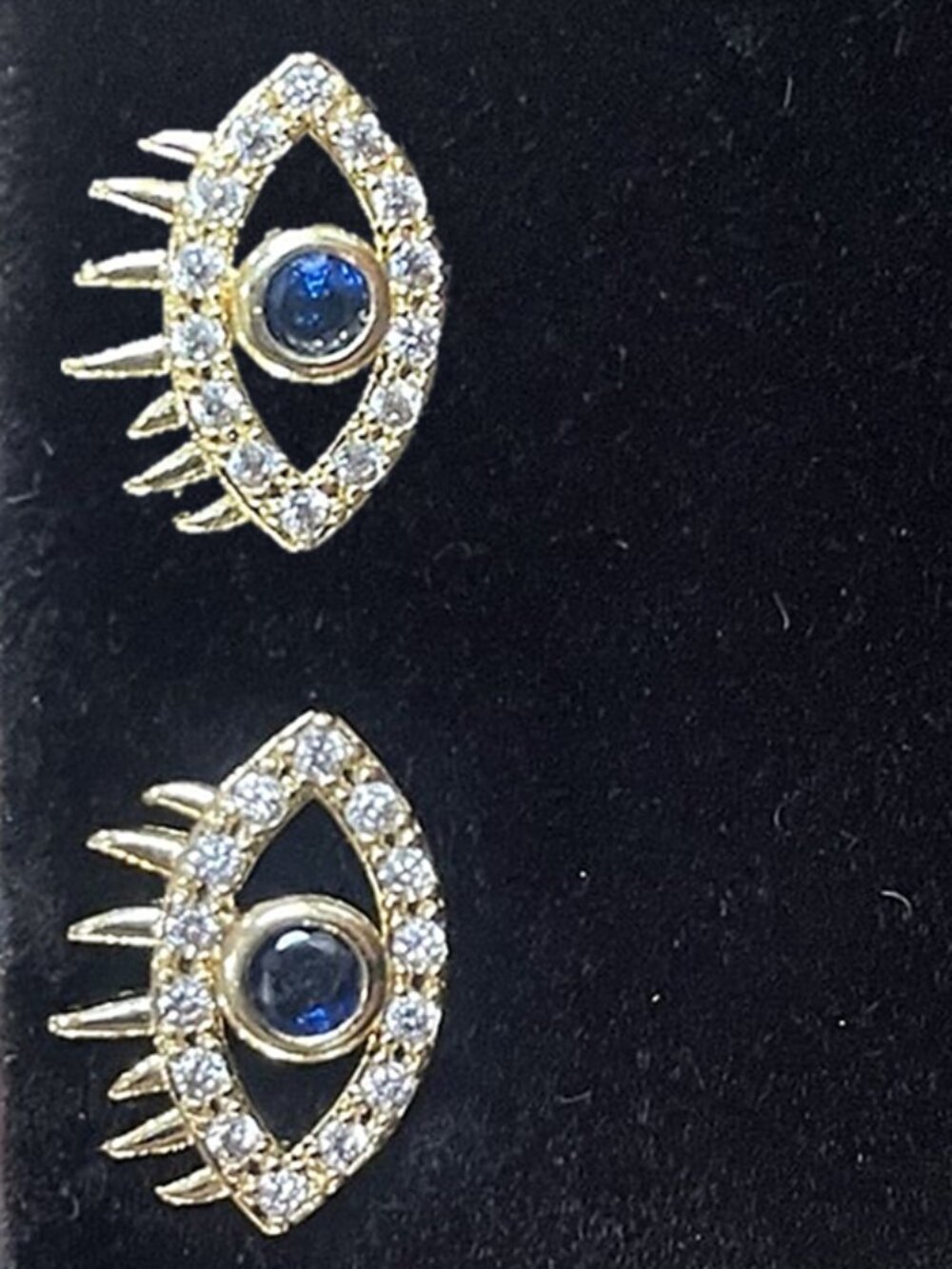 Gold Boho Evil Eye Protection Stud Earrings Blue Clear CZ | Eyelash | Talisman - Picture 7 of 13